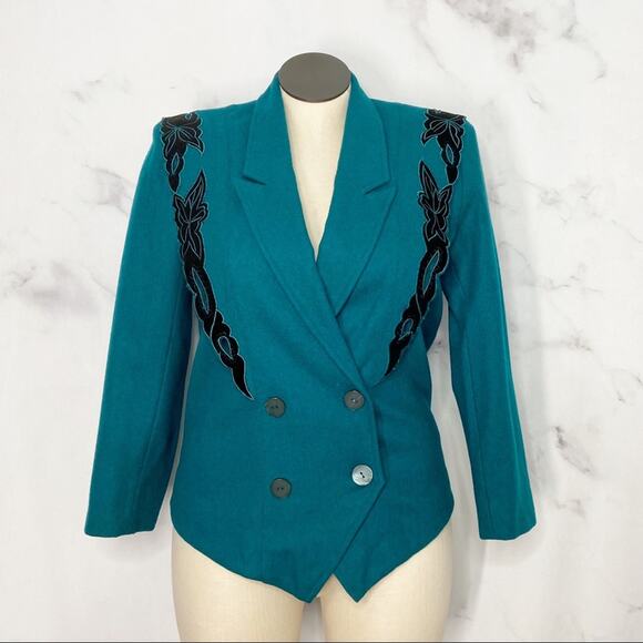 Vintage Double Breasted Blazer Teal Floral Appliqué 90s Prairie Western Size L - Picture 1 of 13